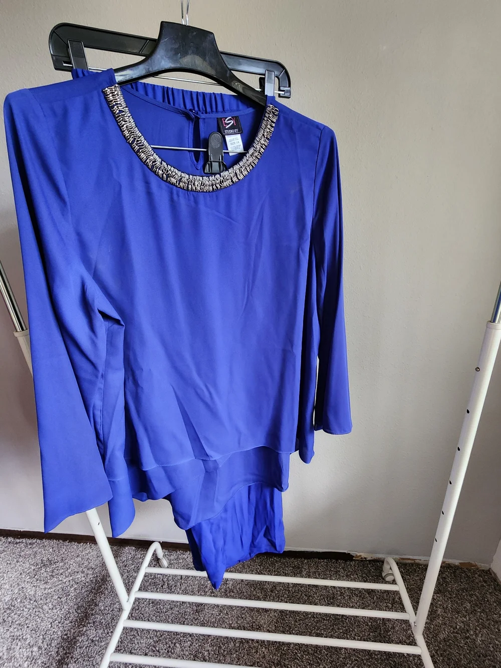 Studio EY Blue Set. Embellished Neck Blouse With Matching Pant.